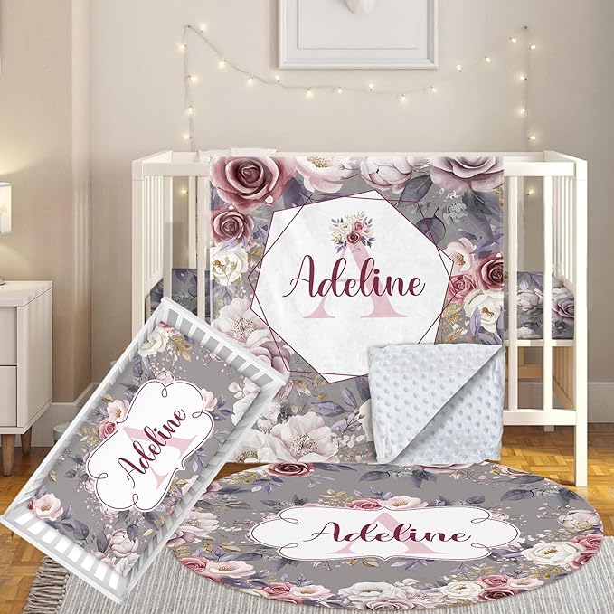 Custom Baby Crib Bedding Set, 3 Pcs Personalized Nursery Bedding Set with Name, Soft Baby Bedding Crib Sets with Blanket - Toddler Crib Sets for Girls Boys, Infant Newborn Gifts, Rose