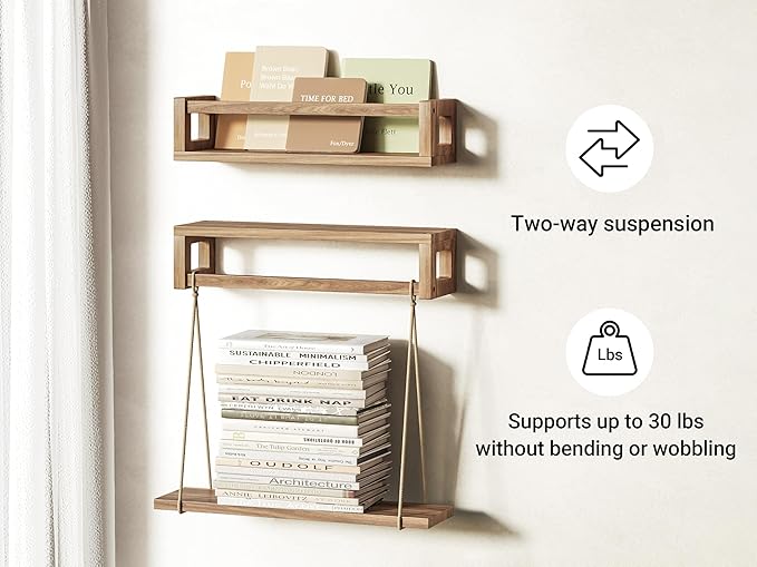 Sturdy Floating Shelves – Set of 3 Wall Bookshelves and Nursery Floating Shelves for Books, Toys, Kitchen, Bathroom, and Home Decor – Walnut Brown