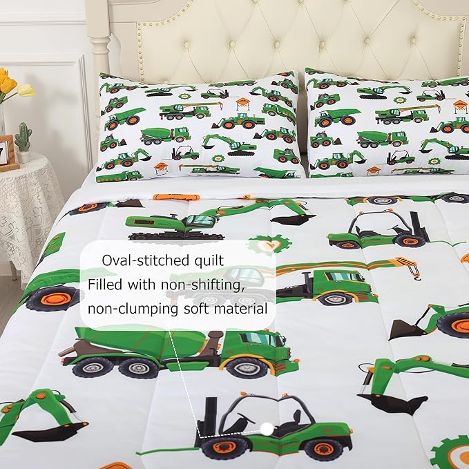 Comforter Set Green Tractor: Twin Size Cartoon Excavator Truck Car Bedding Sets for Boys Kids Teens Toddler Construction Vehicles Quilt Bed Set with 1 Comforter & 1 Pillow Case