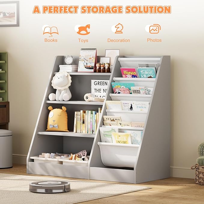 NACHES Montessori Kid Bookshelf Toddler Bookcase Cabinet Children Book Rack Display Toy Storage Organizer 4 Tier 5 Sling Deep Sleeves Classroom Bedroom Nursery Playroom Wood (Grey)