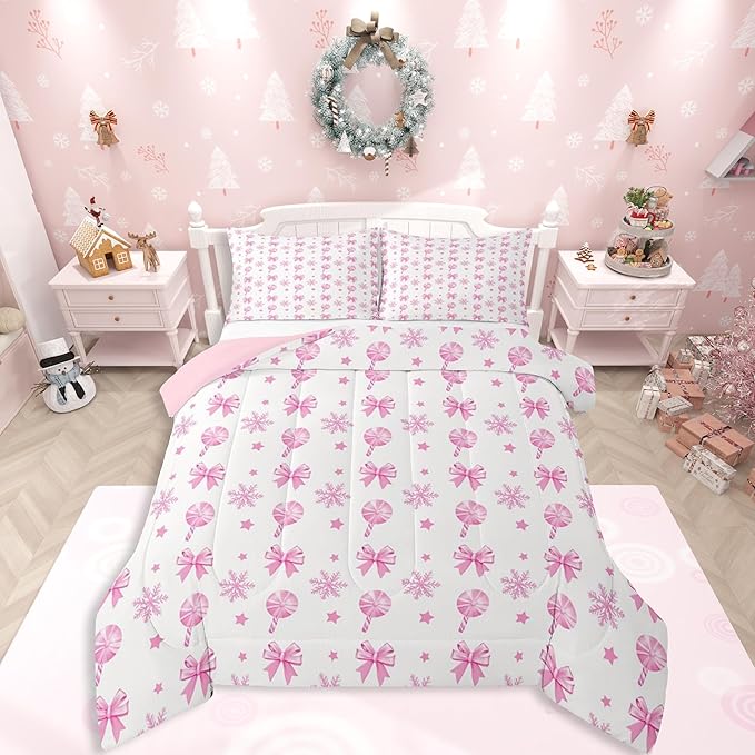 Feelyou Pink Christmas Bedding Set Soft for Boys Girls, Bow Candy Comforter Set Full Size Star Snowflake Duvet Quilt Microfiber Bedroom Decor 3 Pcs with 2 Pillow Cases
