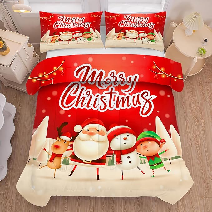 Xmas Bedding Sets Twin Size Christmas Santa Gnomes Comforter Sets Snowing Santa Claus Quilt for Kids Boys Girls Bedroom, 1 Comforter + 1 Pillow Case