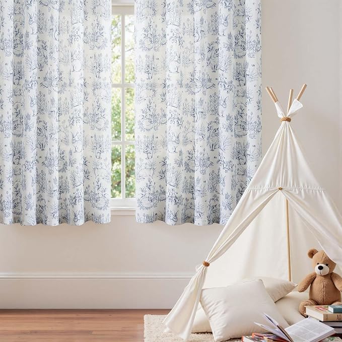 jinchan Linen Nursery Curtains 63 inch Long Woodland Wildlife Blue Print Drapes for Kid's Room Light Filtering French Country Farmhouse Curtains with Bunny and Forest Design Set of 2 Panels