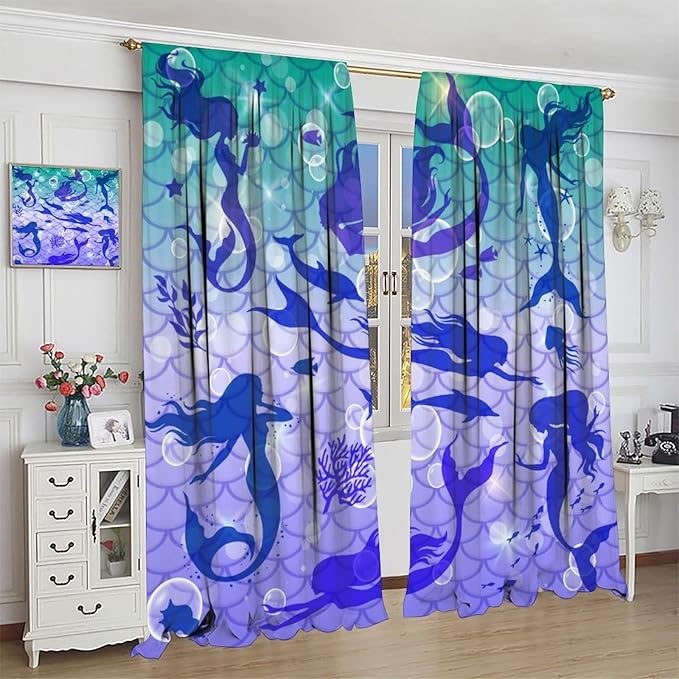 Mermaid Kids Girls Curtains Fantasy Mermaid Silhouette Ocean Theme Beautiful Blackout Window Treatment for Girls Bedroom Nursery Room Decor Rod Pocket Window Drapes 42" W X 54" L