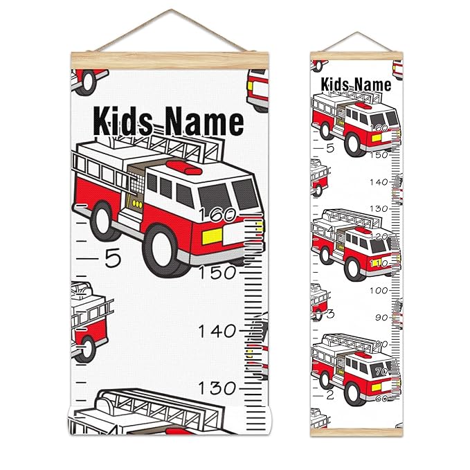 Personalized Kids Name Growth Chart Ruler for Wall Wood Frame Height Measure Chart 13.4x56 in Linen Hanging Height Growth Chart Fire Truck Kids Room Decor
