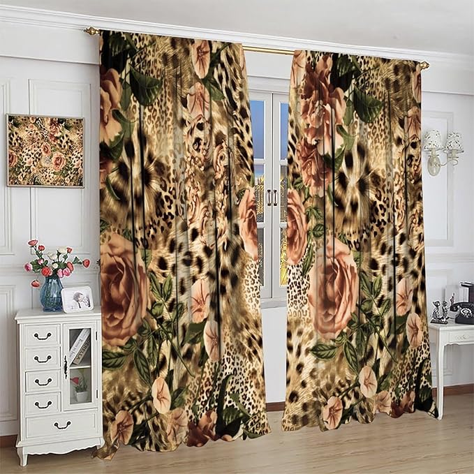Leopard Floral Blackout Curtains, Cute Boho Floral Cheetah Animal Pattern Safari Natural Theme Window Treatments for Bedroom Living Room 63" W X 72" L