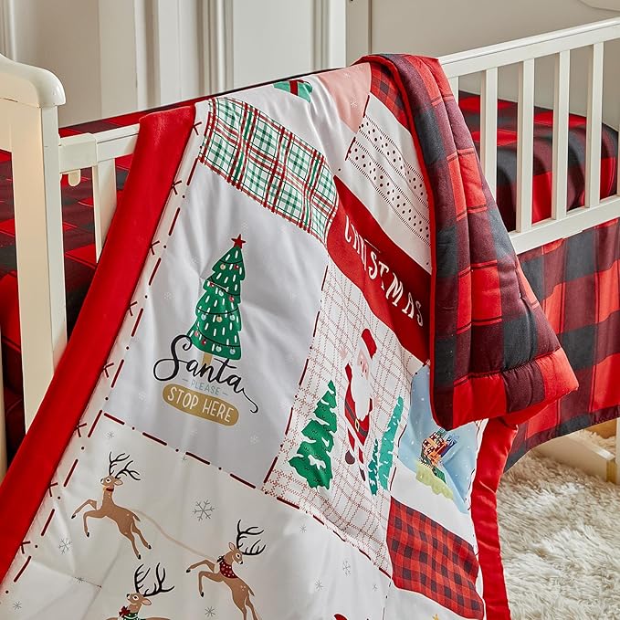 Christmas Red Crib Bedding Set 3 Pieces New Year Style Quilted Plaid Comforter with Fitted Sheet and Bed Skirt - Cute Santa Claus Snowman Tree Deer Design Baby Gift Crib Bed Set