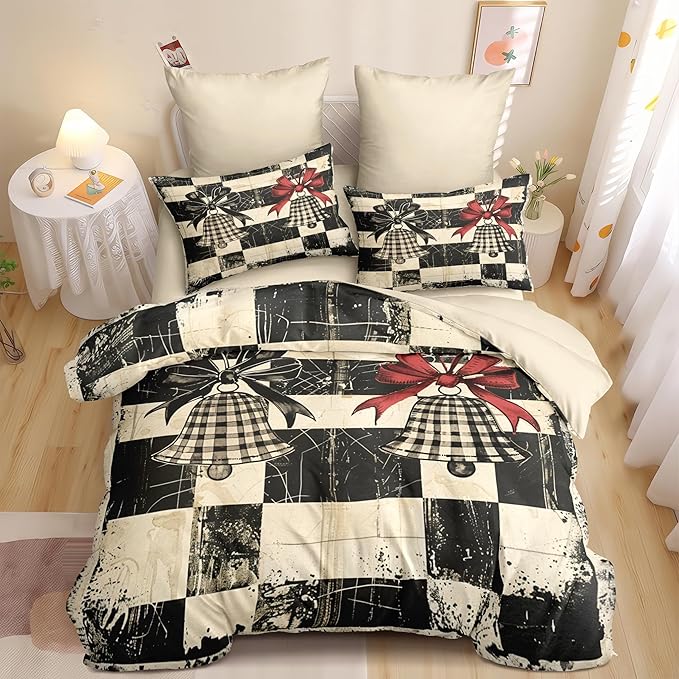 Christmas Duvet Cover Full Size Retro Christmas Bell Gingham Bedding Set Kids Boys Girls Xmas Happy Holiday Checked Pattern Comforter Cover 3 Pieces with Zipper Closure (No Comforter)
