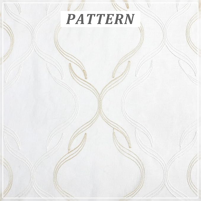 VISIONTEX Sheer Curtains 72 Inches Long 2 Panels Set, Beige and Ivory Moroccan Embroidery Texture Geometric Rod Pocket White Voile Tulle Semi Window Treatment Pair for Bedroom, W54 x L72