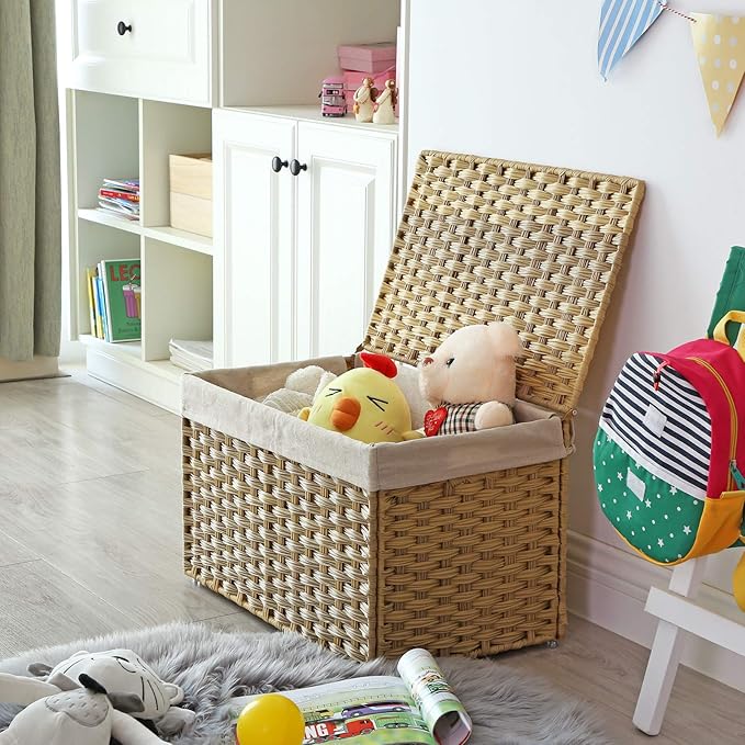 SONGMICS Storage Basket with Lid, 17.2 Gallon (65L) Storage Bin, Woven Blanket Storage Basket with Handles, Foldable, Removable Liner, Metal Frame, for Bedroom, Laundry Room, Natural URST56NL