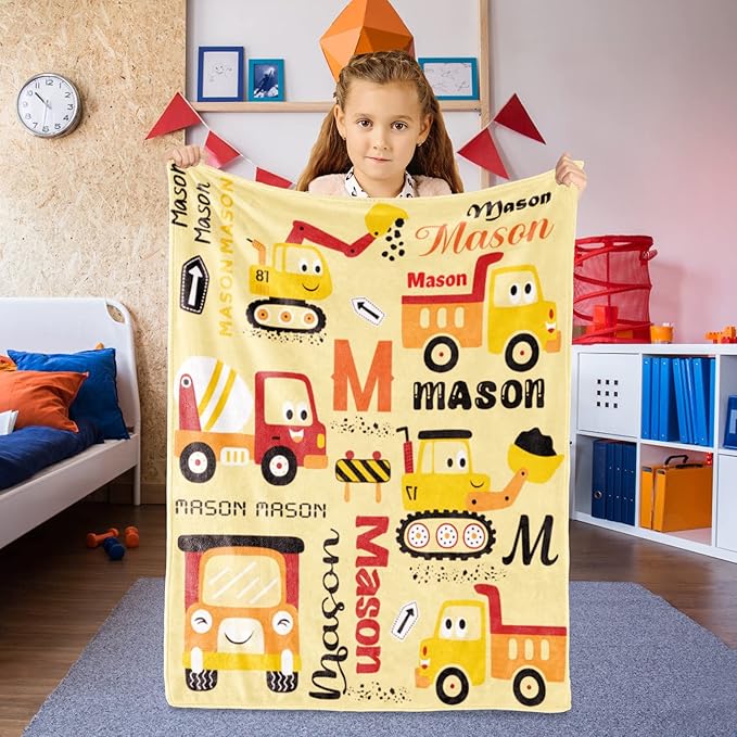 Personalized Construction Blanket for Boys Girls with Name, Custom Name Blanket Construction Vehicles, Soft Flannel Teen Blankets Customized Gift for Birthday Christmas-50x60in