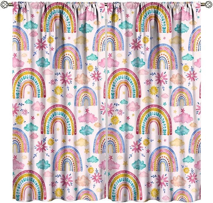Kids Rainbow Curtains Boho Cartoon Colorful Stars Pink Lovely Rainbow Abstract Art Pattern Print Window Drapes for Bedroom Living Room Kitchen Decor,2 Panel Set,42x45 Inch Blackout