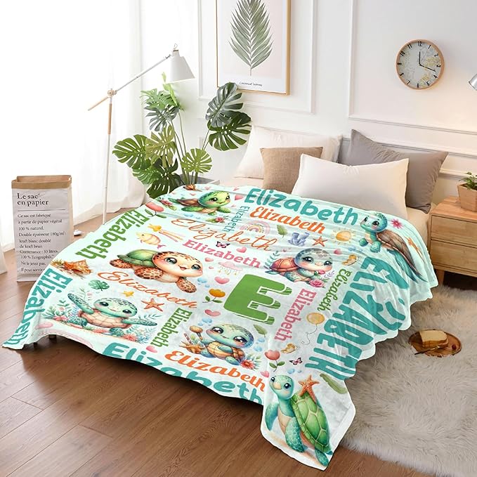 Personalized Custom Cute Turtle Blanket Gifts for Kids Boys Girls with Name - Customized Cute Turtle Super Soft Lightweight Flannel Sheets Decor for Crib Nap Couch - 50"x60" for Teens
