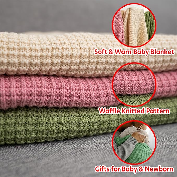 Baby Knit Blanket, 100% Cotton Waffle Patterns, Soft, Cozy, Lightweight Swaddle for Newborn & Infant Swaddling Beige Neutral, Perfect Baby Shower Ideas Green 30x40