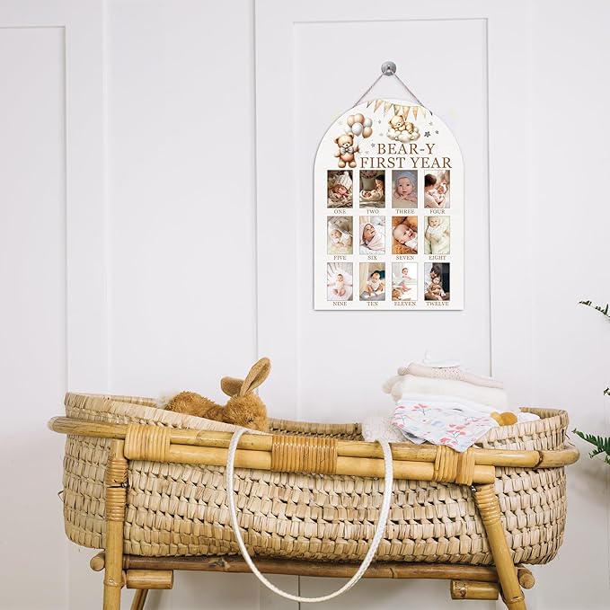 My First Year Photo Board, Bear-Y First Year Baby Milestone Signs for Boys Girls Nursery Decor, 12 Month Wooden Pictures Board for 2x3 Photos, Best Babies Keepsake Gifts-A04