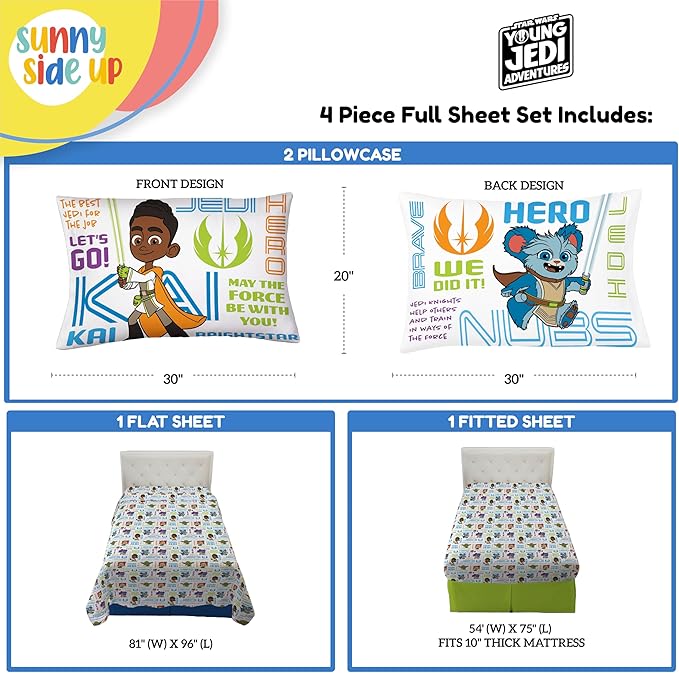 Sunny Side Up Star Wars Young Jedi Adventures Full Sheet Set - 4 Piece Kids Bedding Set Includes Pillow Cover - Super Soft Yoda Microfiber Sheets