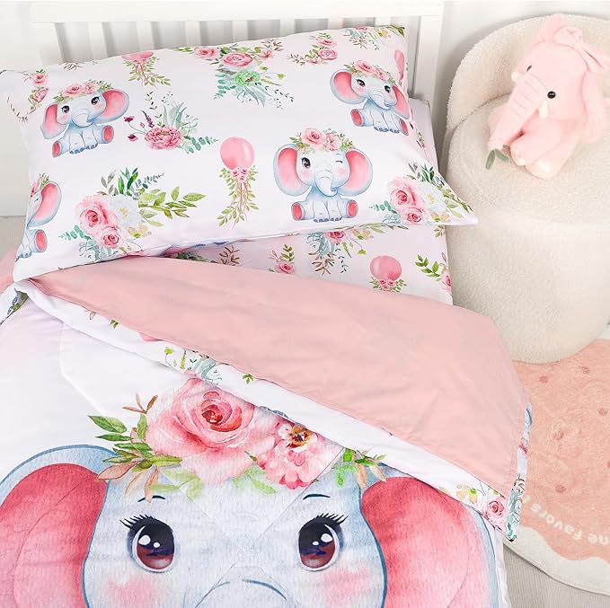 Toddler Bedding Set for Girls, Kids Comforter Set Pink Reversible, Ultra Soft & Lightweight Crid Bedding Set Includes Comforter, Flat Sheet, Fitted Sheet, Pillowcase (Elephant)
