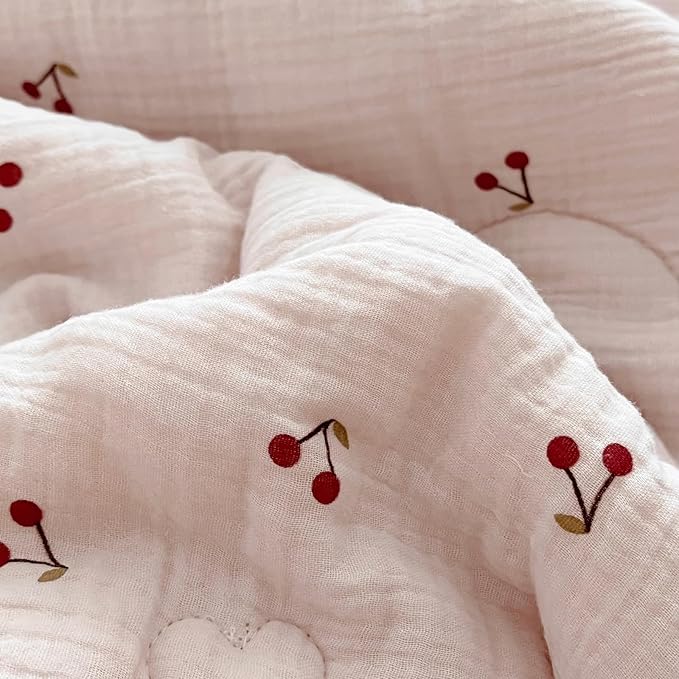 BuLuTu 1 Piece Baby Toddler Muslin Quilt Blanket 47x59 Inches, Crib Comforter Cute Cherry Print Quilted Blankets for Boys Girls Toddler Comforter, Soft Breathable, Machine Wash