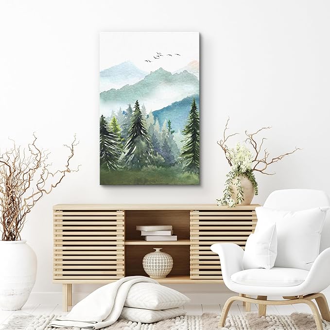 SIGNWIN Canvas Print Wall Art Watercolor Green Forest Tree Mountain Range Nature Landscape Prints Modern Art Woodland Nursery Decor for Living Room, Bedroom, Office - 16"x24"