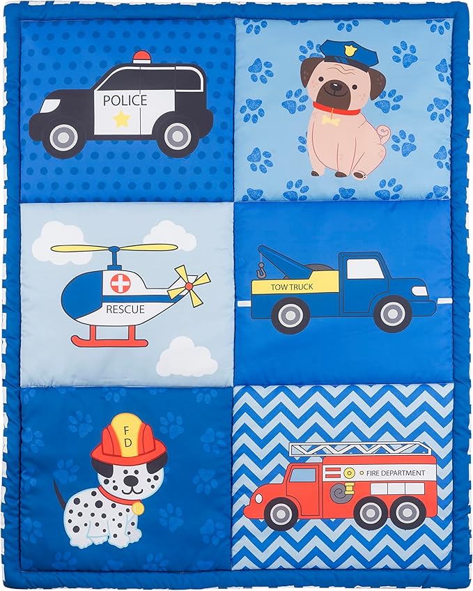 EVERYDAY KIDS 4 Piece Boys Crib Bedding Set - Little Rescuer - Includes Quilt, Fitted Sheet, Dust Ruffle and Diaper Stacker - Nursery Bedding Set - Baby Crib Bedding Set