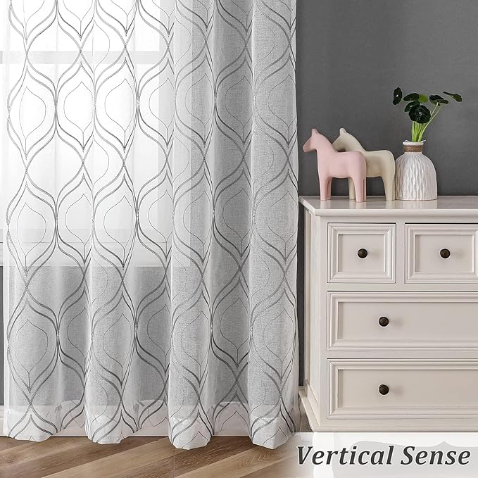 VISIONTEX White Sheer Curtains 120 Inches Long 2 Panels Set Grey Moroccan Embroidered Curtains Trellis French Textured Rod Pocket Voile Tulle Semi Window Drapes for Bedroom Living Room 54 x 120 Inch