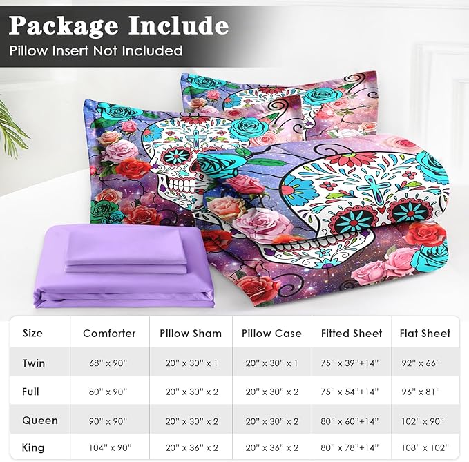 7 Pcs Queen Size Comforter Set with 2 Pillowcases & 2 Shams, Sugar Galaxy Bedding for Kids and Adults, Vintage Skeleton Flower Bed in a Bag with Flat Fitted Sheet