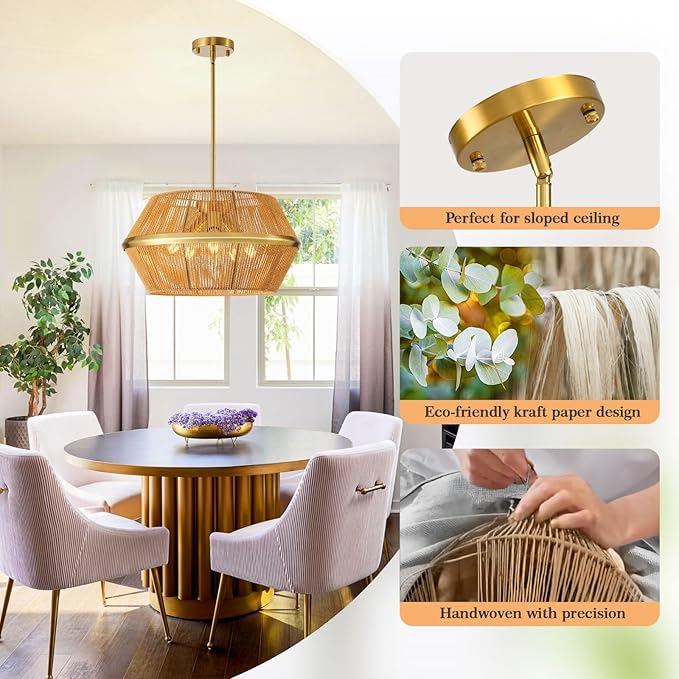 WJShome 19" Boho Rattan Chandelier Light Fixture – 5-Light Hand Woven Pendant to Enhance Your Farmhouse Dining Room, Kitchen Island, and Living Room Decor!