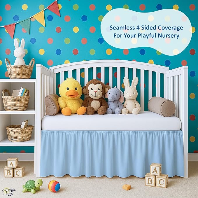 Cottington Lane Light Blue Crib Skirt Dust Ruffle, 100% Natural Cotton, Soft, Durable Nursery Crib Toddler Bedding Skirt for Baby Girls or Boys, Fits Standard Cribs 28" x 52" with 14" Drop