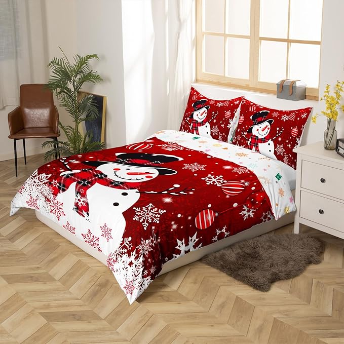 Manfei Snowman Duvet Cover Set Full Size, Snowflake Balloon Xmas Decor Comforter Cover with 2 Pillowcases, Christmas Red Bedding Set 3pcs for Kids Boy Girls Lightweight Bedspread Cover,No Comforter