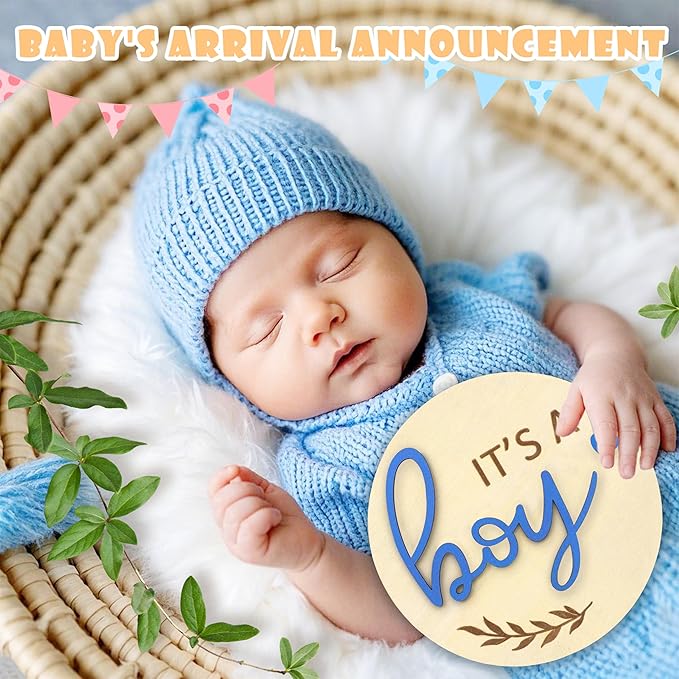 Baby Announcement Sign, Gender Reveal for Welcome Baby 3PCS Its a Boy/Girl and Hello World Newborn Sign Board Wooden Birth Name Announcement Plaque and Pen for Hospital Shower Party Photo Props