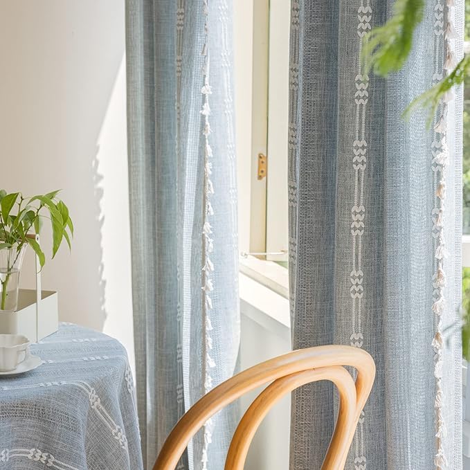 ENJOYBRIDAL Boho Curtains 84 Inch Length 2 Panels Semi Sheer Blue Grey Drapes Embroidered Tassel Rod Pocket Hollow Out Window Curtain Panels Farmhouse Window Treatment for Bedroom Living Room