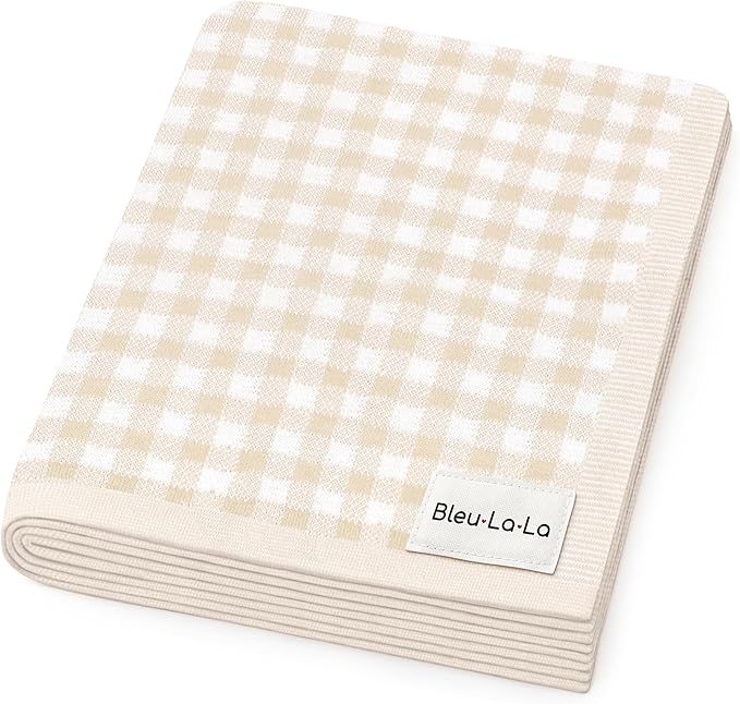 Checkered Baby Blanket Swaddle - 100% Soft Cotton Quilt Swaddling Stroller Blanket for Nursery Bed Shower Baby Gift Registry for Newborns Toddlers Boys & Girls (Plaid - Beige)
