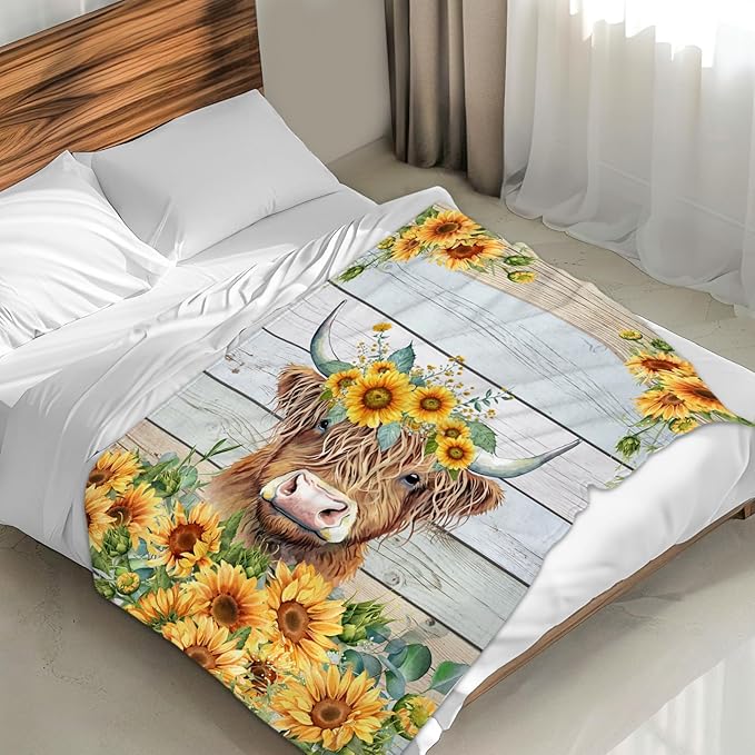 Highland Cow Blanket for Adults, 80x60 Inches Aesthetic Yellow Sunflower Throw Blanket Decor for Bed Couch Sofa
