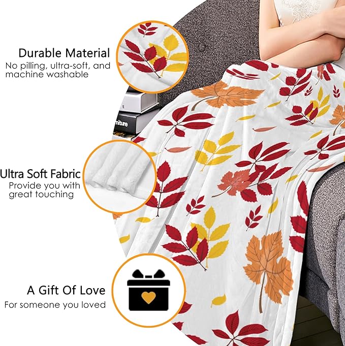 Thuswarm Autumn Colorful Pecan Leaf Flannel Blanket for Autumn Winter Gifts Warm Cozy Soft Funny Print Throw for Bed Couch Sofa 80”×60” Large for Adult