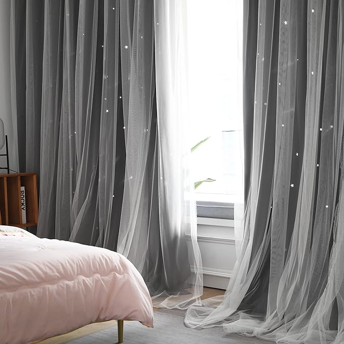 Kinryb Kids Blackout Curtains for Bedroom/Living Room/Classroom, Sheer Overlay 2 Panel Set, Double Layer Curtains with Star Cutout for Kids Room(Each Piece W 70 x L 95 Inches 2 Pcs Grey)