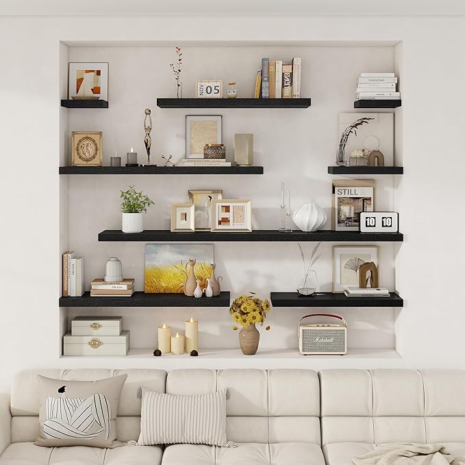 Fun Memories 12 Deep Floating Shelves for Wall, 48W x 12D Extra Large Floating Shelves Set of 2, Hanging Wood Wall Shelves for Living Room, Kitchen, Bedroom, Farmhouse, Laundry Room, Office - Black