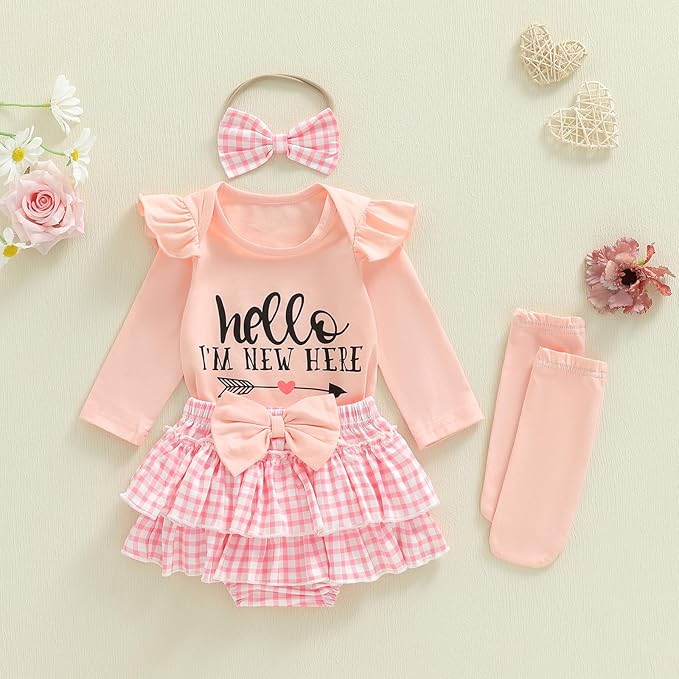 Newborn Baby Girl Clothes Hello I'm New Here Romper Ruffle Shorts Tutu Skirt Set Cute Infant Coming Home Outfits