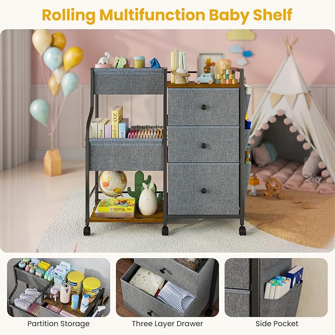 Baby Diaper Caddy, 3 Tier Baby Organizer and Storage Cart with Dividers and Drawers, Mobile Utility Rolling Cart, Baby Newborn Essentials Storage Cart with Wheels for Nursery, Bedroom, Grey