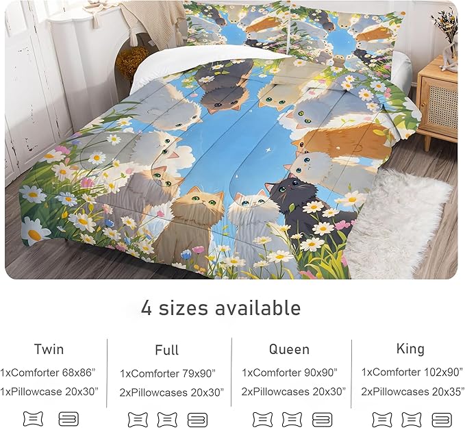 Cat Comforter Set Twin: Cute Floral Cats Bedding Set Blue Sky Daisy Kitten Quilt for Girls Kids Teens Toddler Kawaii Flowers Feline Bed Sets 1 Comforter & 1 Pillowcase