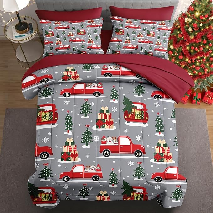 7 Pcs Full Size Christmas Comforter Set with 2 Pillowcases & 2 Shams, Red Cartoon Truck Bedding for Kids and Adults, Merry Winter Pine Tree Bed in a Bag with Flat Fitted Sheet