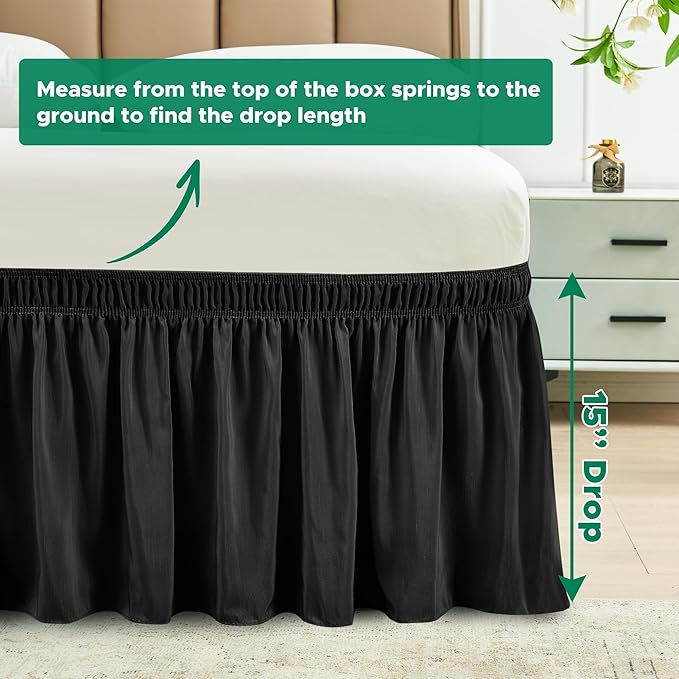 Biscaynebay Wrap Around Bed Skirts for King & Cal King Beds 15" Drop, Black Adjustable Elastic Dust Ruffles Easy Fit Wrinkle & Fade Resistant Silky Luxurious Fabric Machine Washable