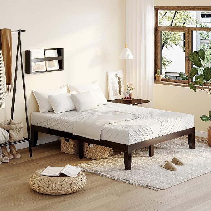 KOMFOTT 14 Inches Wood Platform Bed Frame Queen Size, Wooden Mattress Foundation with Rubber Wood Frame, Strong Wooden Slat Support, No Box Spring Needed, Bed Frame (Dark Brown)