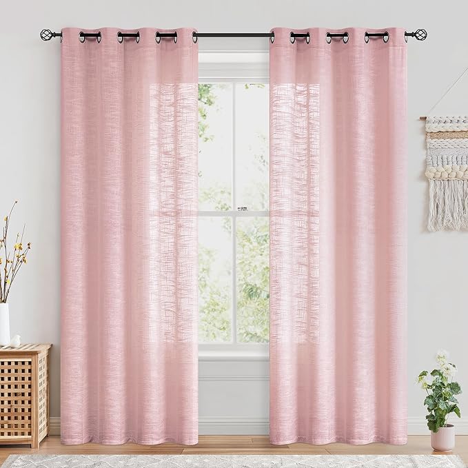 FMFUNCTEX Linen Semi Sheer Curtains for Bedroom, Blush Pink Curtains 96 Inches Long for Living Room, Country Farmhouse Sheer Drapes, Light Filtering Window Curtain, Grommet Top 2 Panels