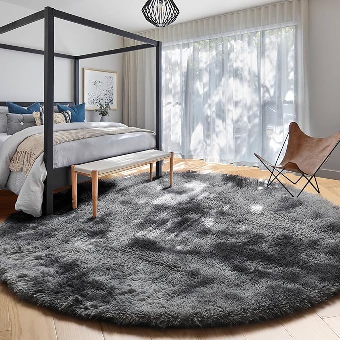 Amdrebio Tie-Dyed Dark Grey Round Rugs for Living Room, 8x8 Rug, Extra Large Circle Area Rug for Bedroom, Big Shag Fluffy Plush Carpet for Mens Home, Modern Cool Circular Rug, Soft Cozy Thick Rugs