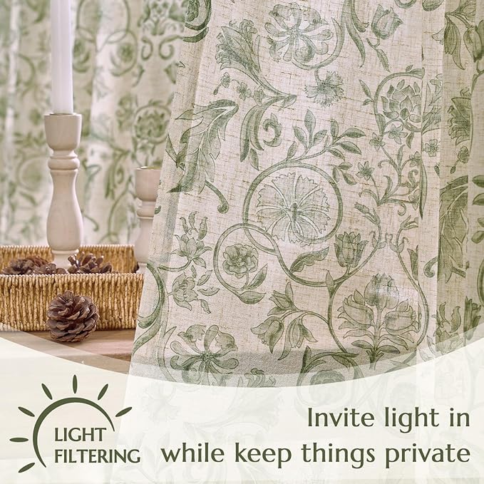 jinchan Linen Floral Curtains for Living Room with Printed Flower 63 Inches Long Light Filtering Farmhouse Window Treatment Vintage Short Drapes Back Tab Rod Pocket 2 Panels Green on Beige
