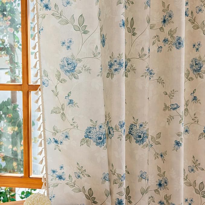 ENJOYBRIDAL Blue Floral Curtains 96 Inches Bedroom Cute Drapes Rod Pocket Boho Semi Sheer Long Window Curtain Panels Rustic Living Room Farmhouse 2 Panels Vintage Window Treatments