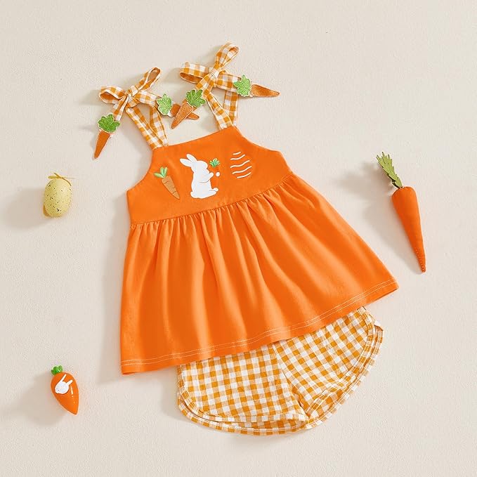 Thorn Tree Baby Girl Summer Outfits Sleeveless Easter Dresses for Toddler Girls Casual Plaid Shorts Bunny Spring Clothes
