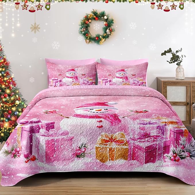 Christmas King Size Quilt Set, Pink Funny Snowman Lightweight Bedspread Coverlet with Pillow Shams for Kids and Adults, Surprise Gift 3 Pcs Bedding Bed Cover