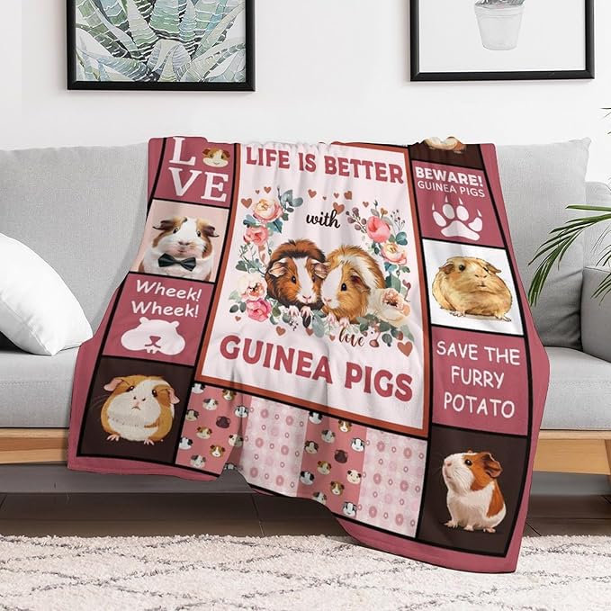 Guinea Pig Blanket Cute Pink Guinea Pigs Print Throw Blankets for Couch Sofa Bed Stuff Decor Lightweight Soft Cozy Fleece Plush Warm Flannel Bedding Gifts for Baby Girls Boys Kids Women Adults 50"x60"
