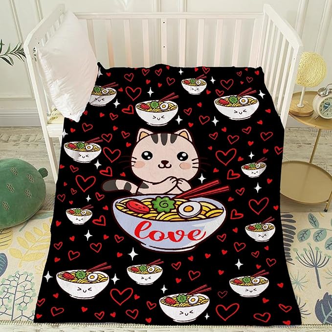 Thuswarm Kawaii Ramen Cat Red Heart Love Flannel Throw Blanket Warm Cozy Soft Funny Print Blankets for Bed Couch Sofa Room Decoration Gifts 50"×40" Small for Kid
